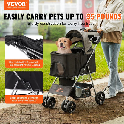 VEVOR Pet Stroller, 4 Wheels Dog Stroller Rotate with Brakes, 35Lbs Weight Capacity, Puppy Stroller with Detachable Carrier, Storage Basket and Cup Holder, for Dogs and Cats Travel, Black+Dark Grey