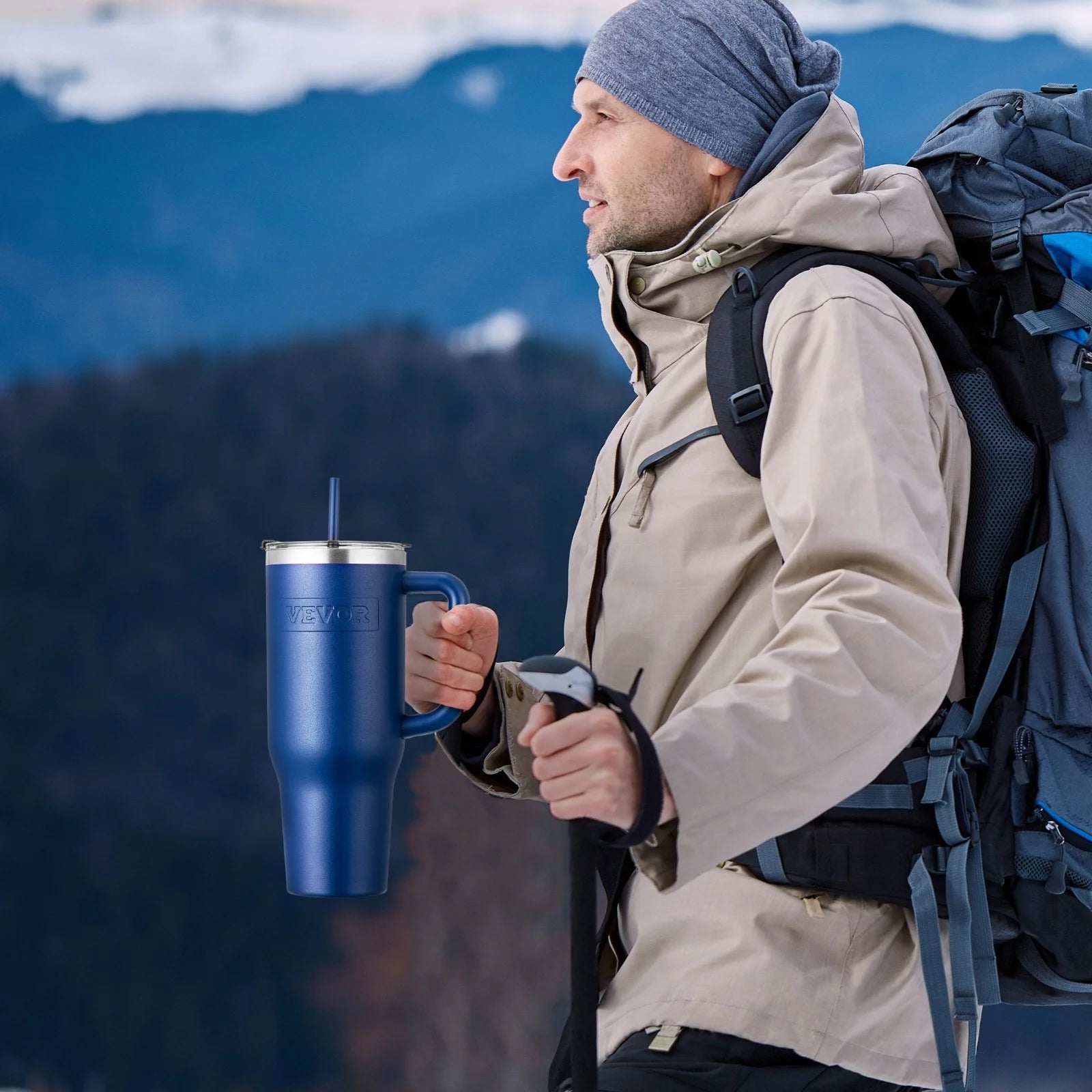 40 Oz Insulated Water Bottle Stainless Steel Coffee Cup Handheld Blue